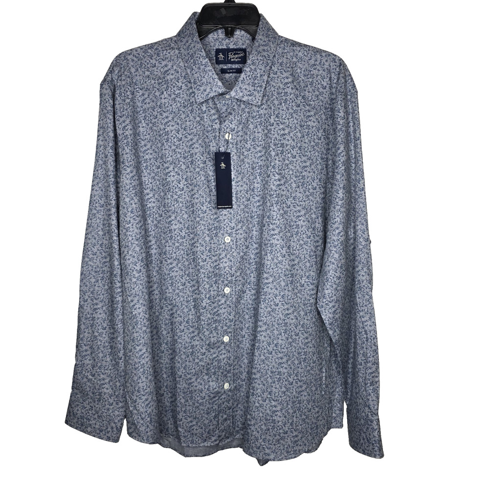 Penguin Munsingwear Mens Blue Floral LS Slim Fit Dress Button Shirt 17.5 34/35